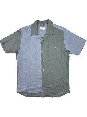 Percival Mens Patchwork Cuban Shirt Sz Medium Camp Collar Short Sleeve Blue Gray